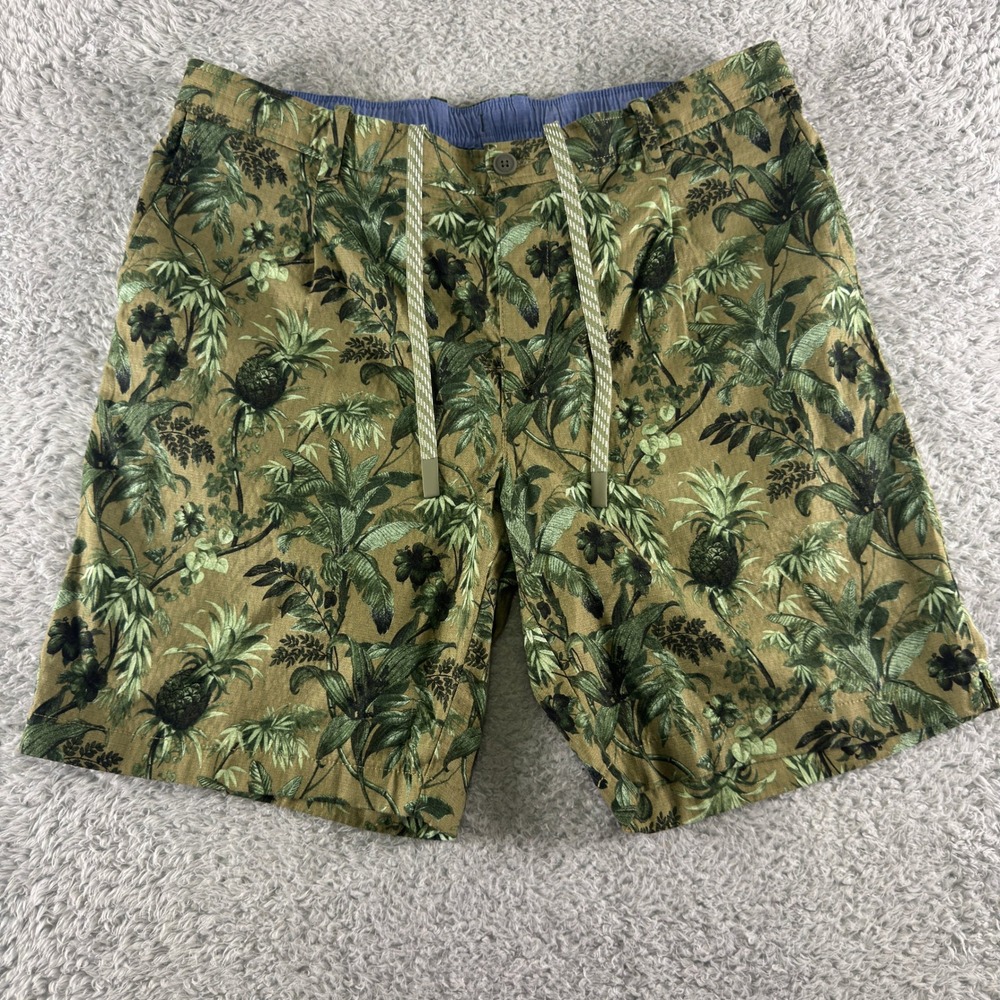 Tommy Bahama Mens XL Green Tropical Pineapple Cotton Linen Blend Shorts 9 Inch